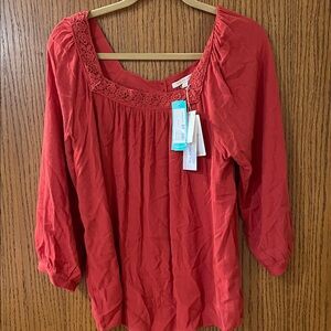 Skies Are Blue Red Blouse with Lace Detail
